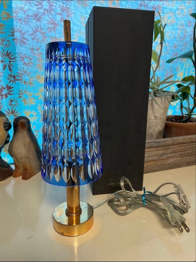 HOYA CRYSTAL 切子ガラス スタンドランプ 青色被せ クリスタルライト