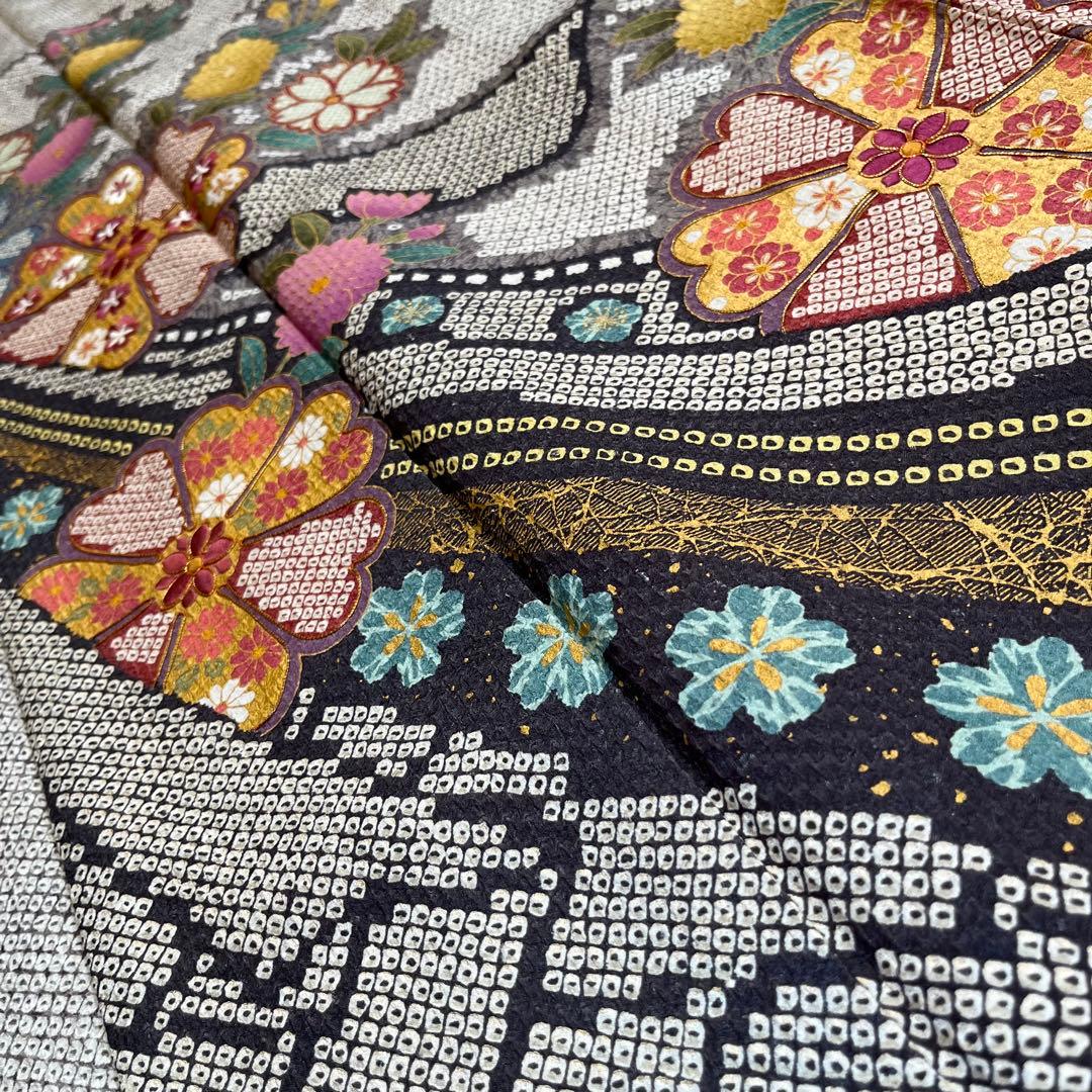 振袖　振り袖　成人式　フルセット　正絹　灰色　グレー　灰茶　絞り　菊　花柄