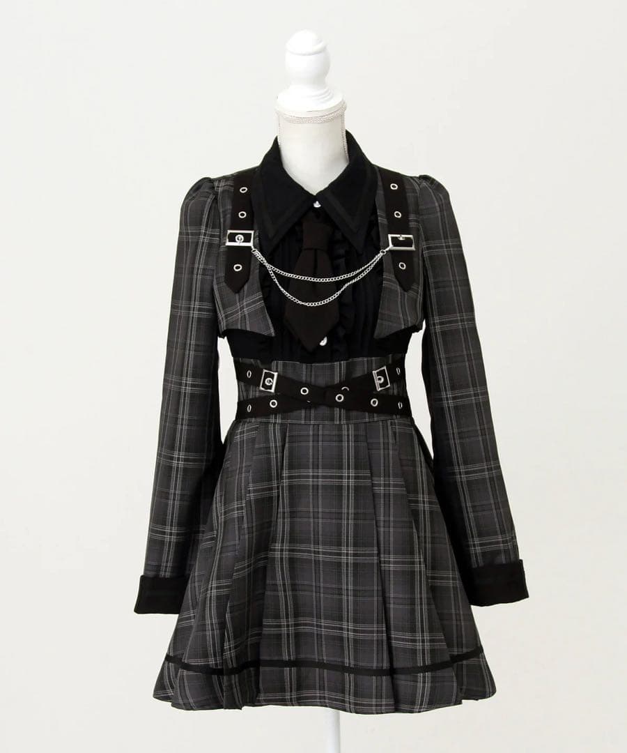 夢展望 ジャケット風チェーンネクタイベルトプリーツワンピース