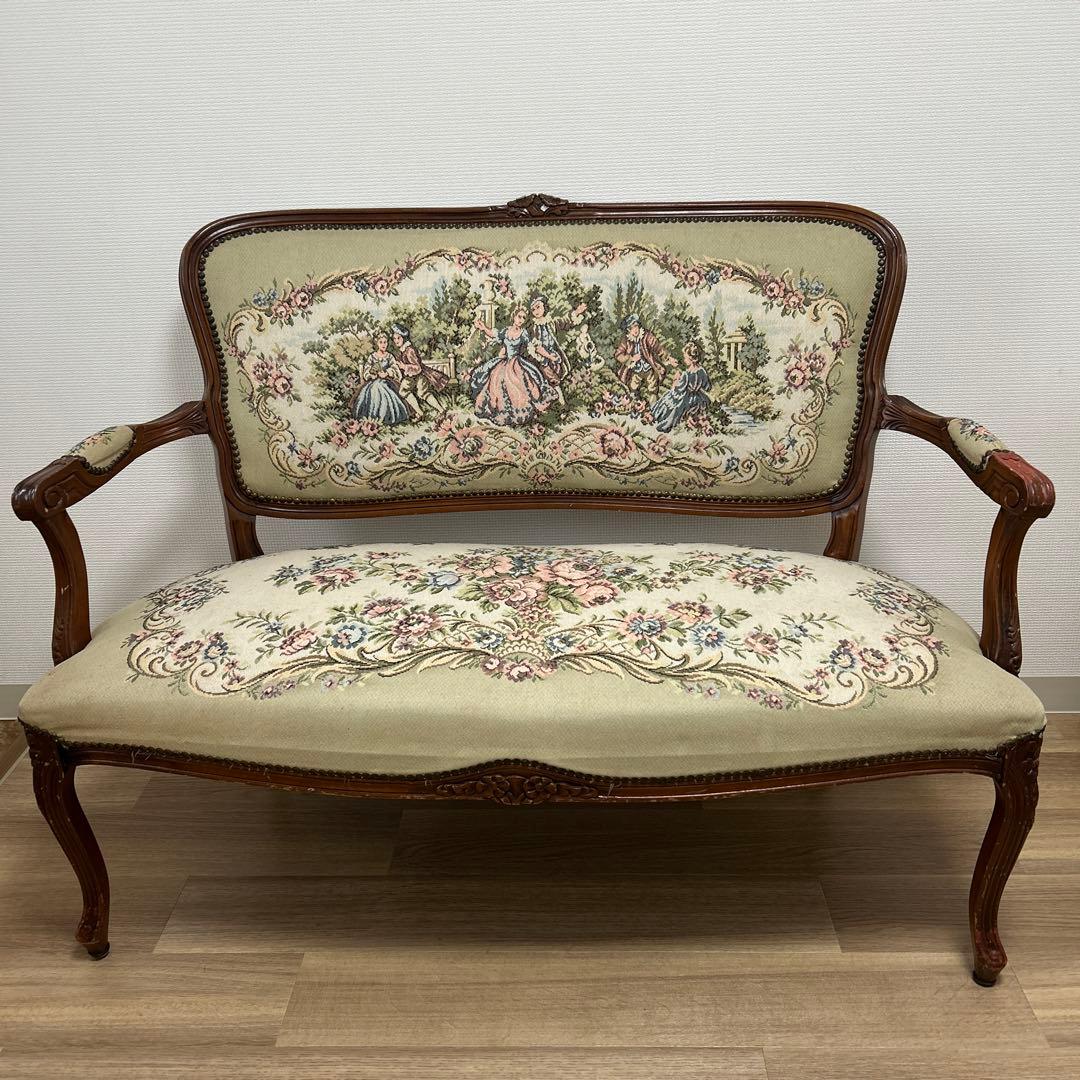 イタリア製【ゴブラン織】猫脚 ベンチソファ 2人掛け アンティーク 販売１月まで