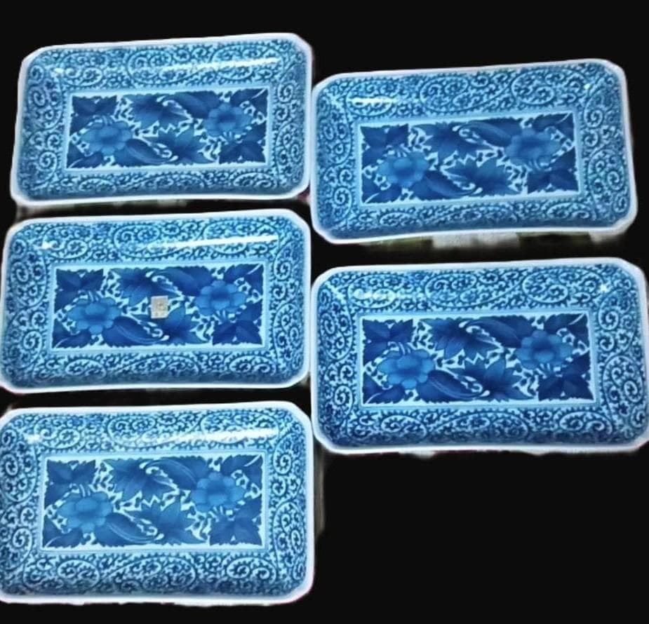 新品箱入5点 龍峰窯 牡丹柄 染付古伊万里焼物皿 長皿