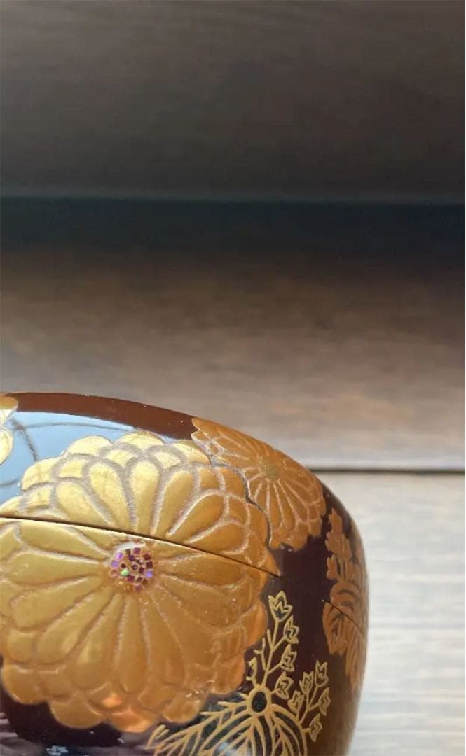 ☆美品『溜塗 菊桐蒔絵 平棗』信広作