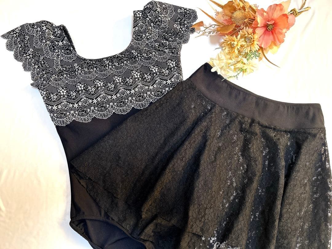 バレエ レオタード大人M＊黒ブラック＊レース柄フレア袖＊スカートセット