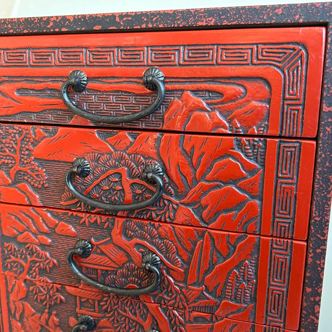 【希少】 堆朱　漆器　手彫り　引き出し 小箪笥 木製 松 伝統工芸 和箪笥 5段