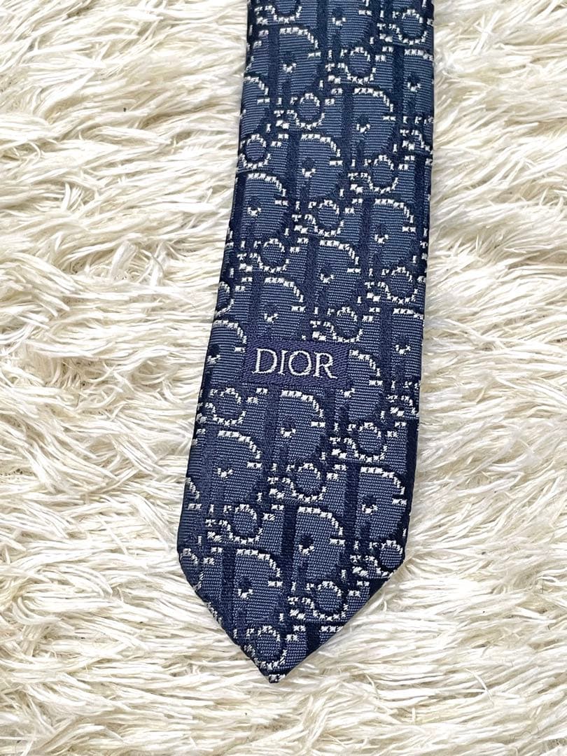 DIOR ディオール　ネクタイ　総柄　トロッター　オブリーク　ネイビー　シルク