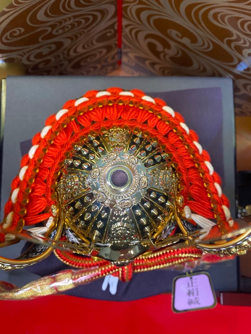 東京久月　五月人形　家紋付き兜飾り平飾りセット　正絹糸