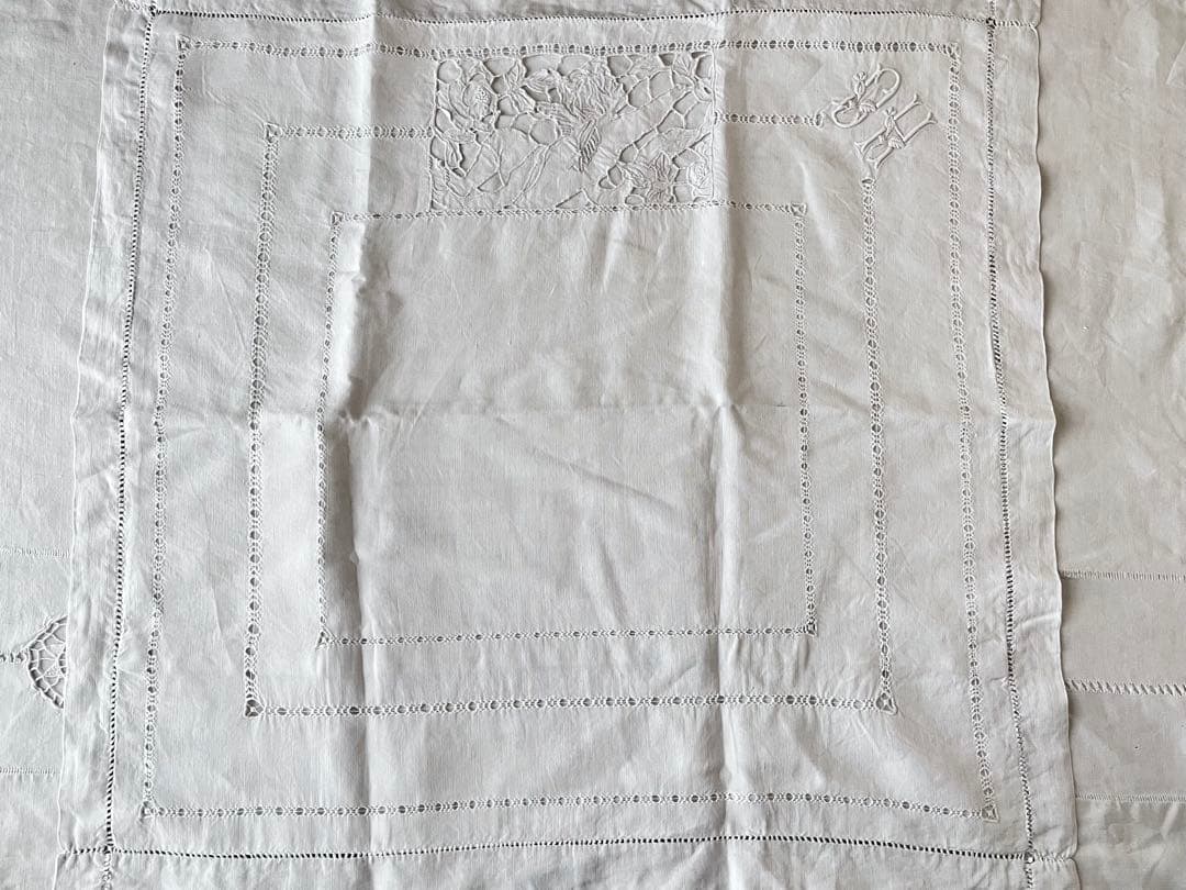 【美品】フランスアンティーク 天使と手刺繍OHモノグラムクッションカバー3151