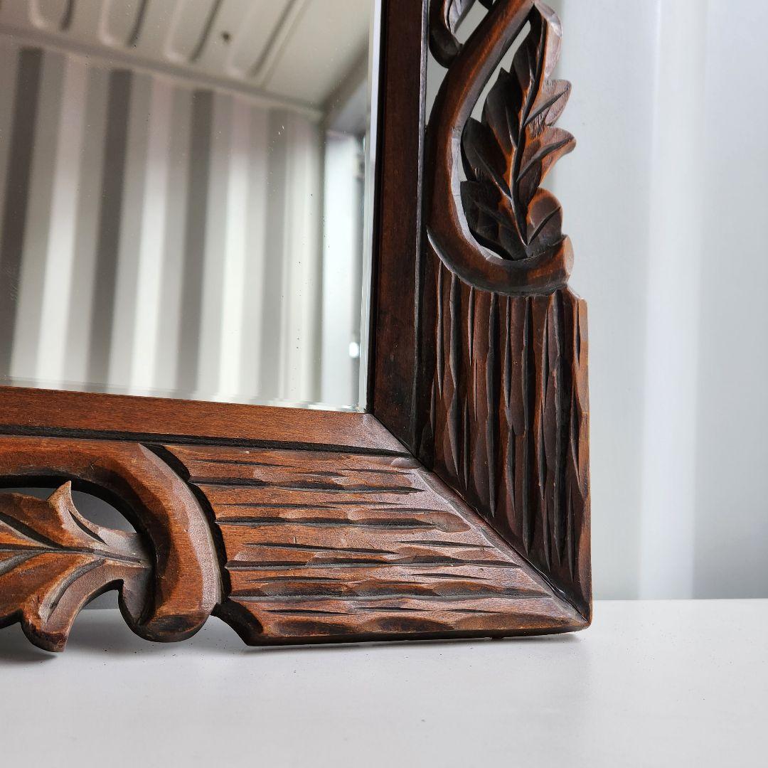 アンティーク　木彫り　ウォールミラー　天然木　壁鏡　彫刻　木枠　ヴィンテージ