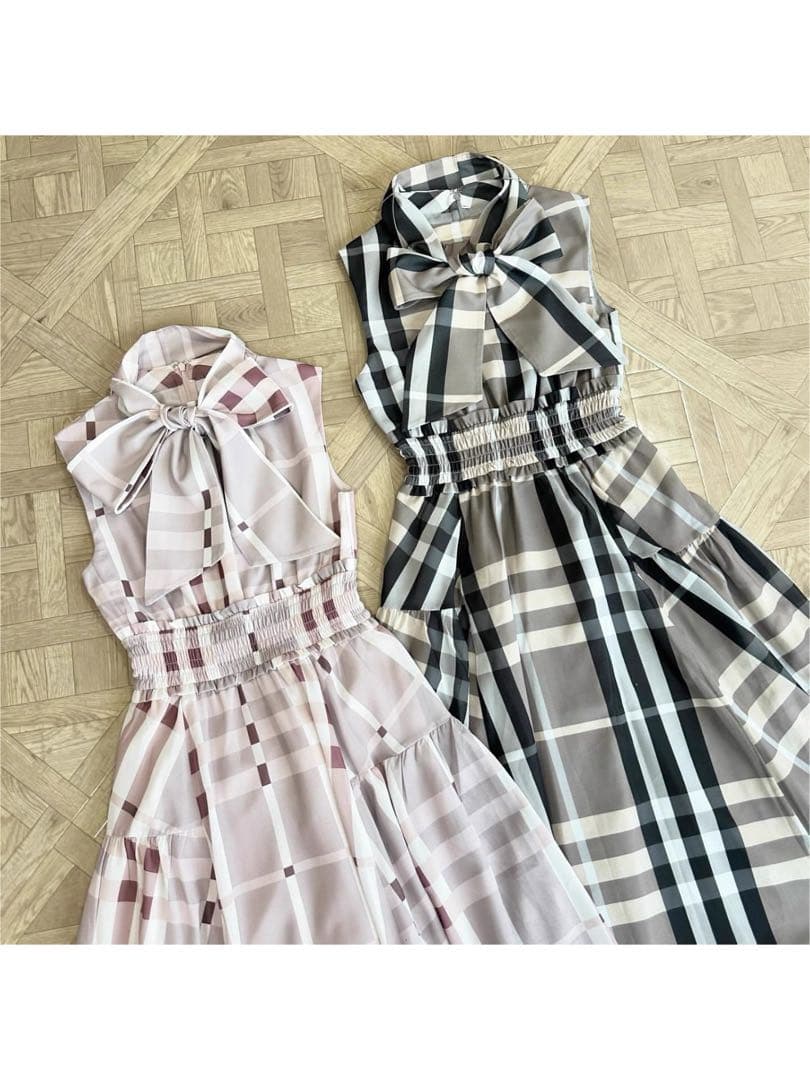 リボン付きチェック柄ワンピース フリーサイズ