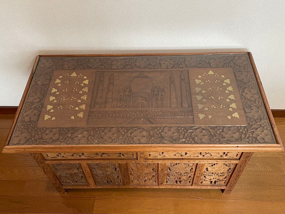 アジアン家具 インド製 サイドテーブル 木彫り 折り畳み式 アンティーク