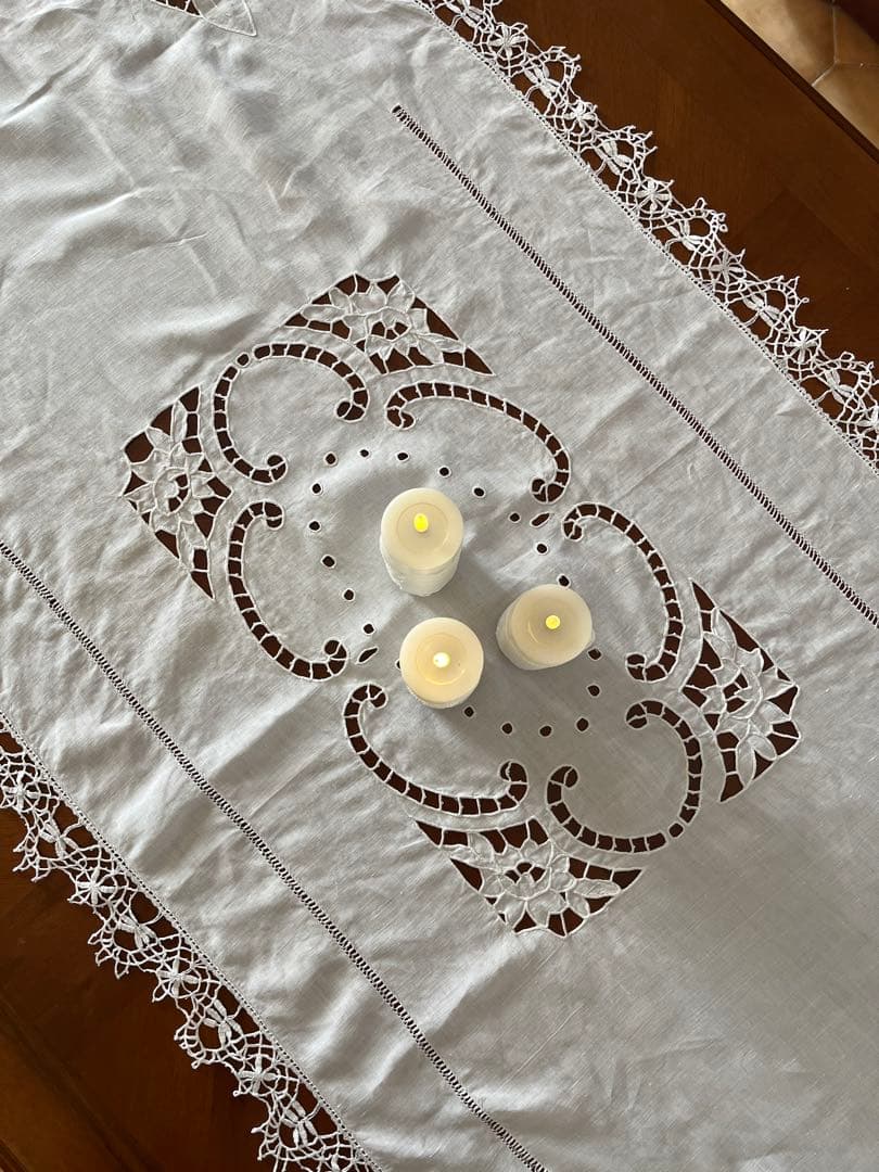 ◆フランスアンティーク｜大判手刺繍ボビンレースロングマルチクロスエンブレム長方形