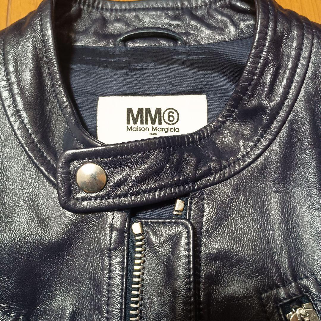 MM6 ネイビー レザー ハの字ライダースジャケット