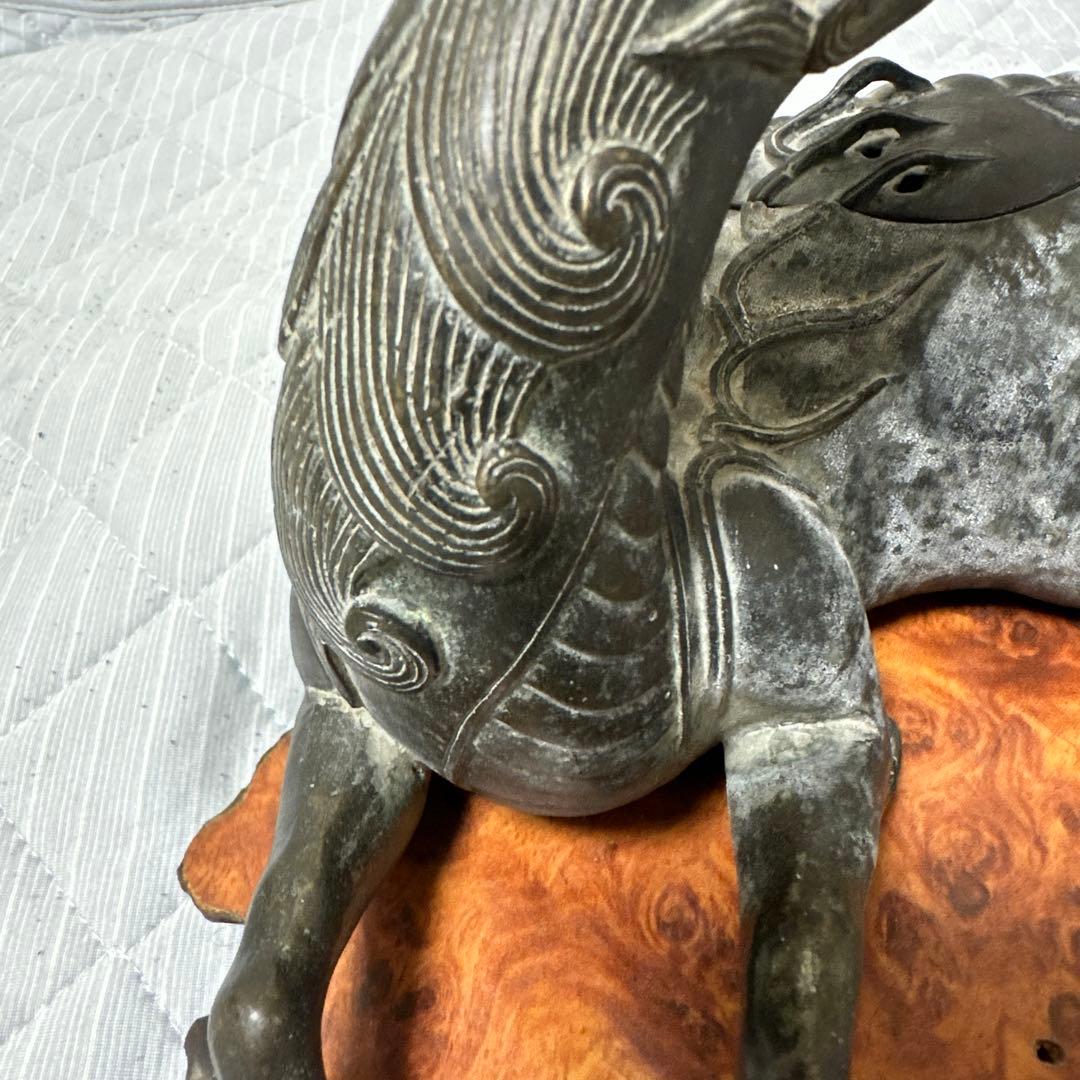 時代物　中国 日本 銅器置物　独角獣　香炉　花梨木台