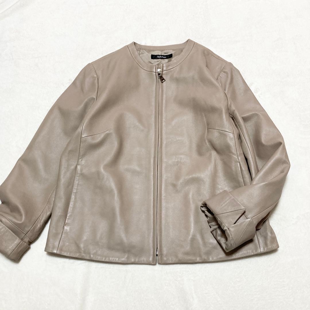 大きいサイズ 羊革 ノーカラー ジャケット スタイルノート 13号 ベージュ