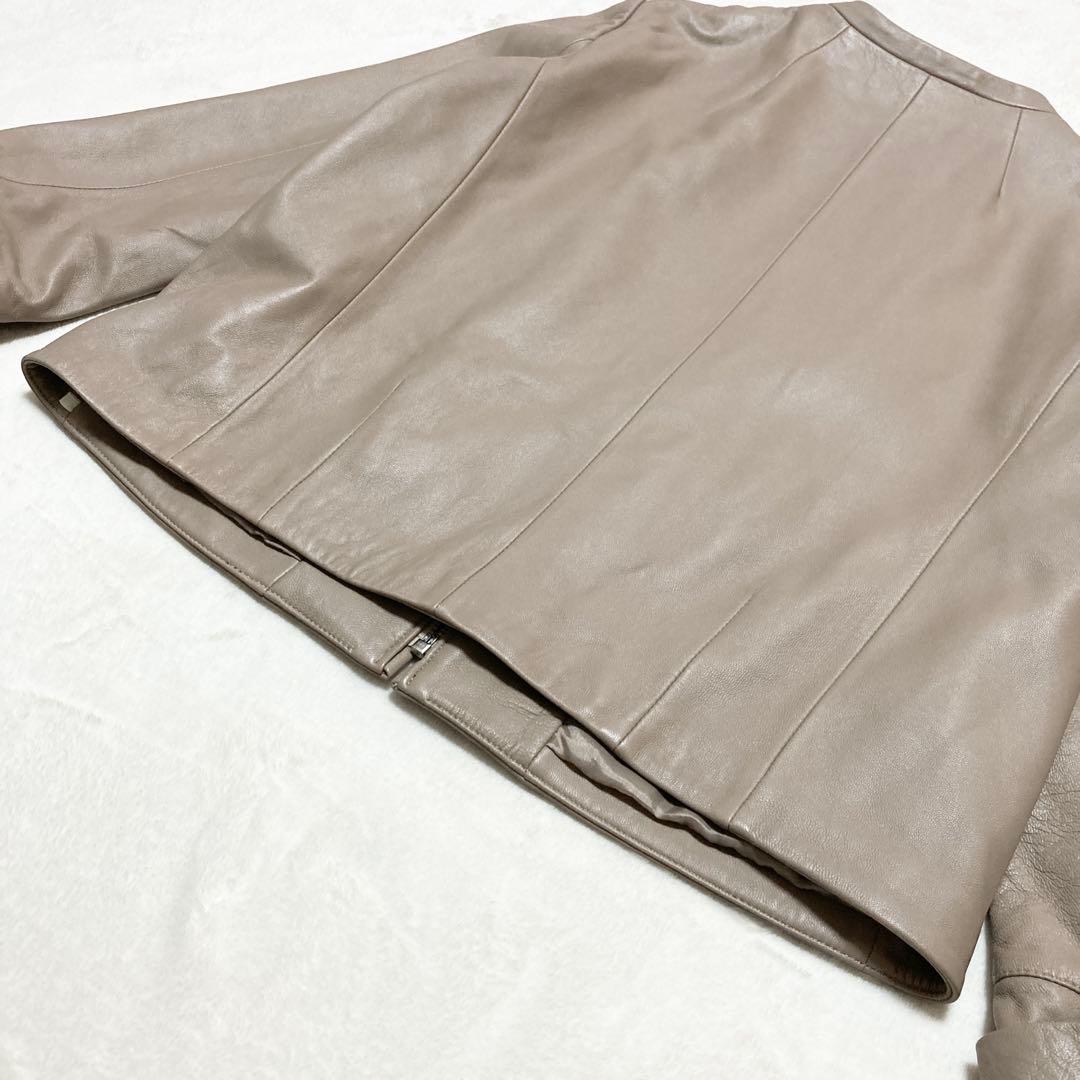 大きいサイズ 羊革 ノーカラー ジャケット スタイルノート 13号 ベージュ
