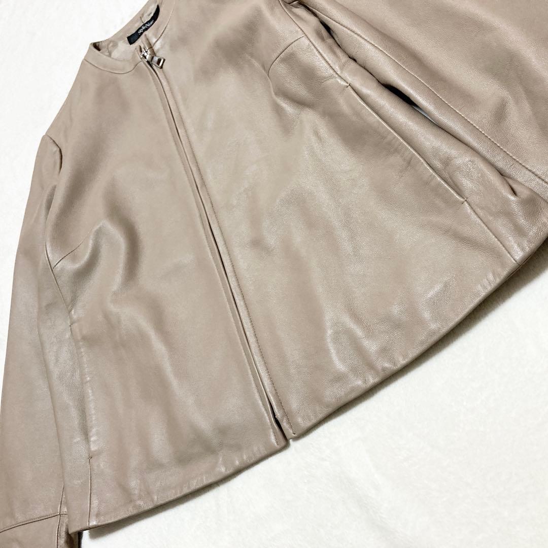 大きいサイズ 羊革 ノーカラー ジャケット スタイルノート 13号 ベージュ