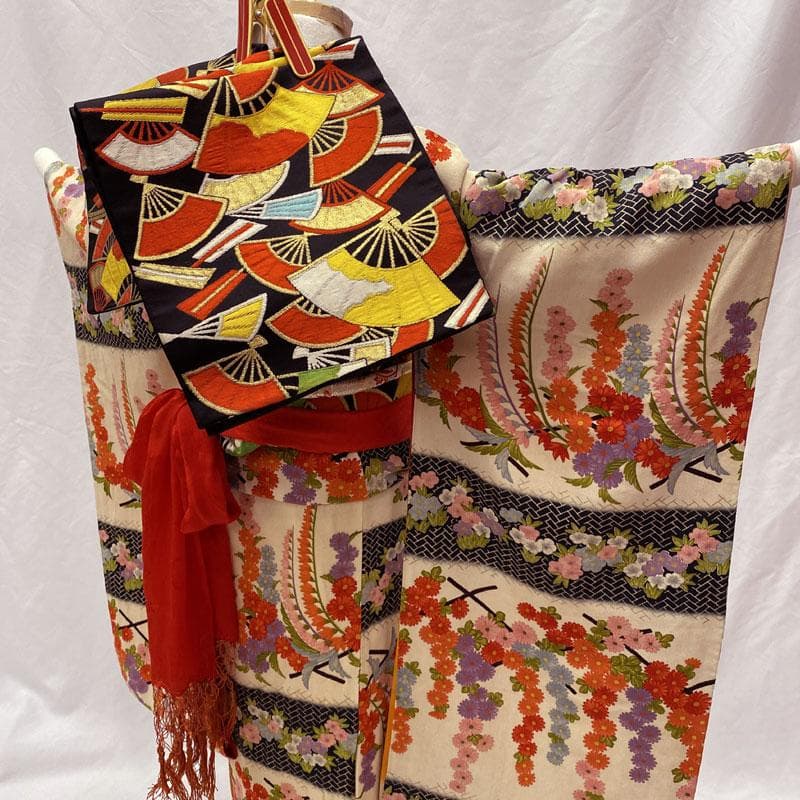 503ag24,帯揚げ帯締めしごき筥迫末広◎アンティーク 着物&袋帯&長襦袢