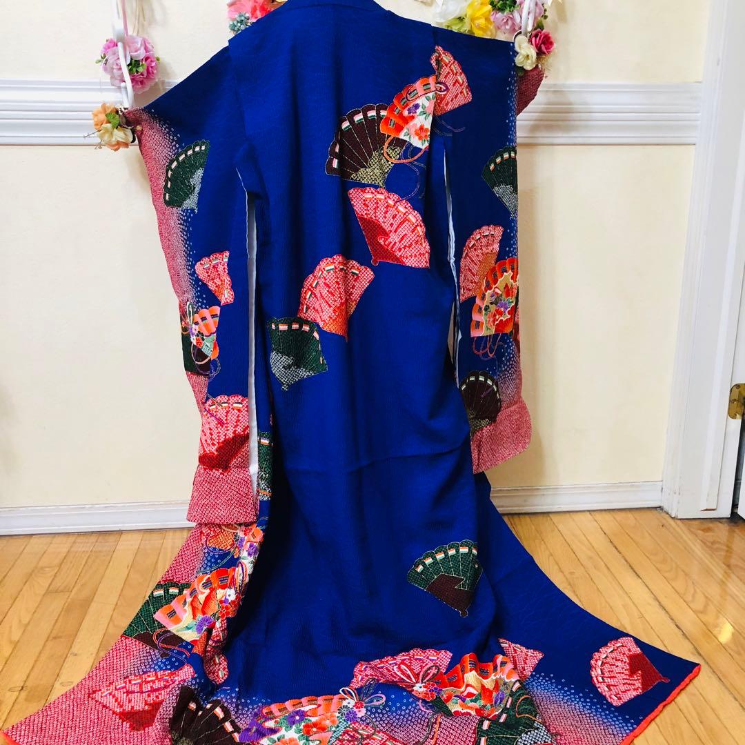七五三7歳❣️人気Blue暈し絞り柄❣️扇鴛鴦花々金彩煌びやか際立つ完全フルセット❣️