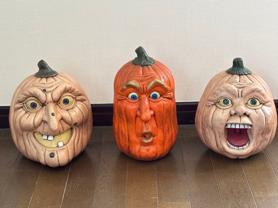 ハロウィン大きなかぼちゃ3体セット　陶器置物