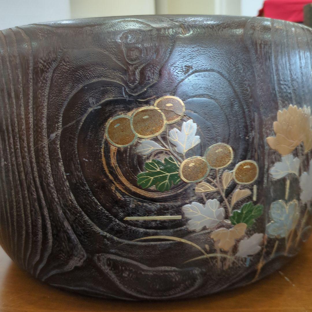 骨董　蒔絵　螺鈿　火鉢　桐　内側銅器　大型　花入　鉢カバー