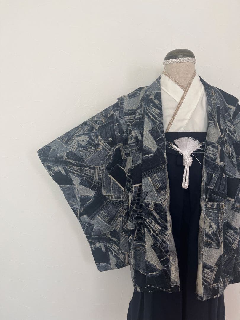 【新作・即納品】デニムネイビー　羽織袴セット　120cm