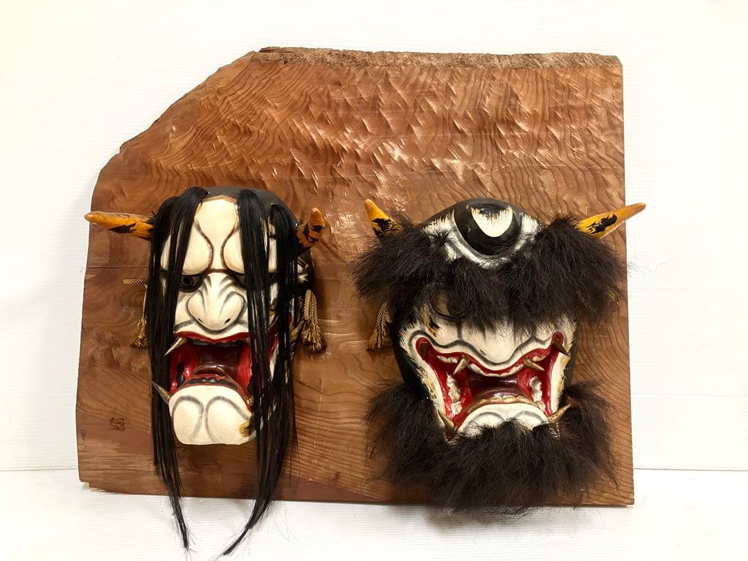 石見神楽面◆般若／男鬼 2面セット◆乾漆造 特大 壁掛け 招福 蔵出し