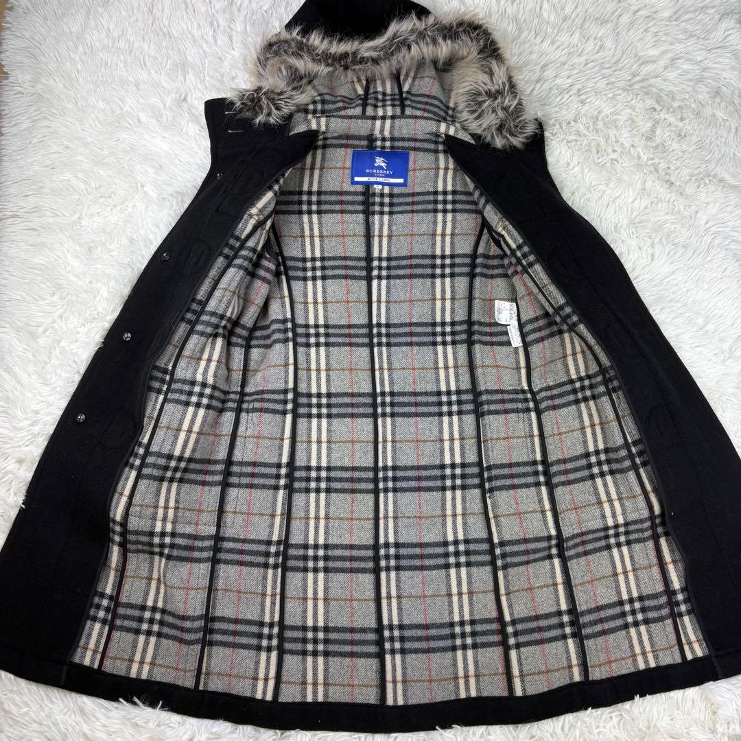【美品】バーバリーブルーレーベル　ダッフルコート　ノバチェック　黒　ファー　S
