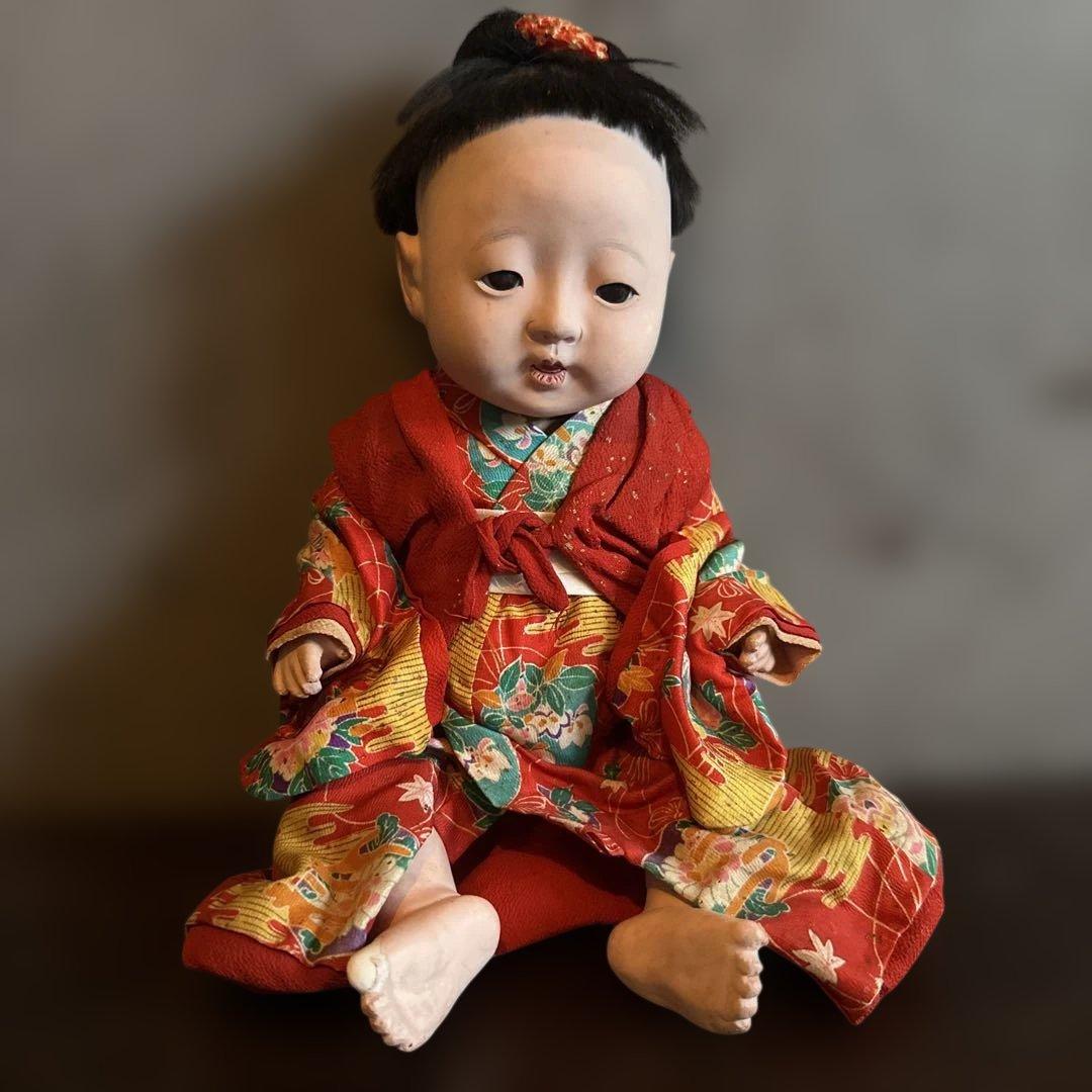 最終お値下げ‼️ヴィンテージ　市松人形 赤と緑の花柄着物　幼子　かわいいあんよ