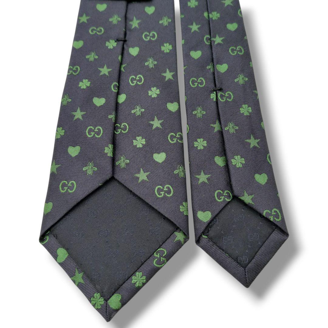 極美品　グッチ　ネクタイ　GG柄　ビー　ハート　クローバー　ジャガード　ネイビー