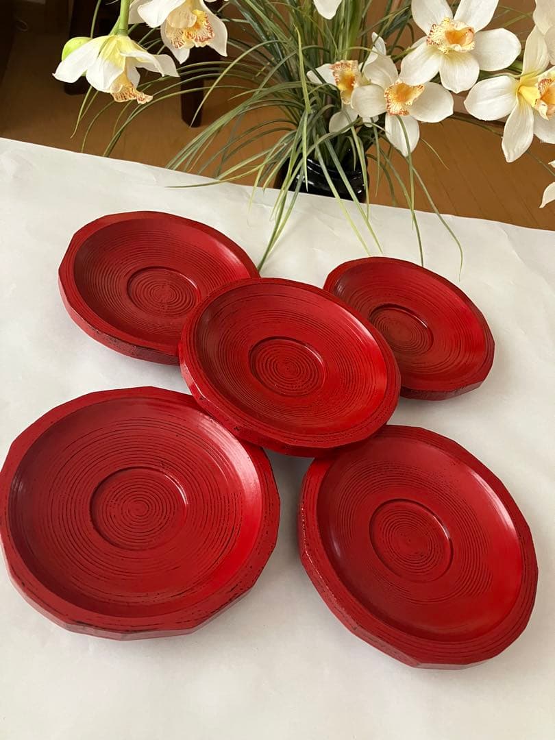 未使用❤️希少　山岸厚夫　漆　粗挽皿　5枚セット　直径約14.5x3.5 共箱付き