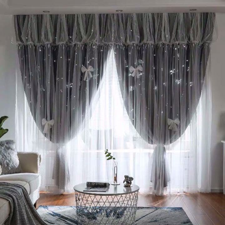 オーダーカーテン No. 86 透かし彫り星座柄 グレー 一体型 姫系 二重