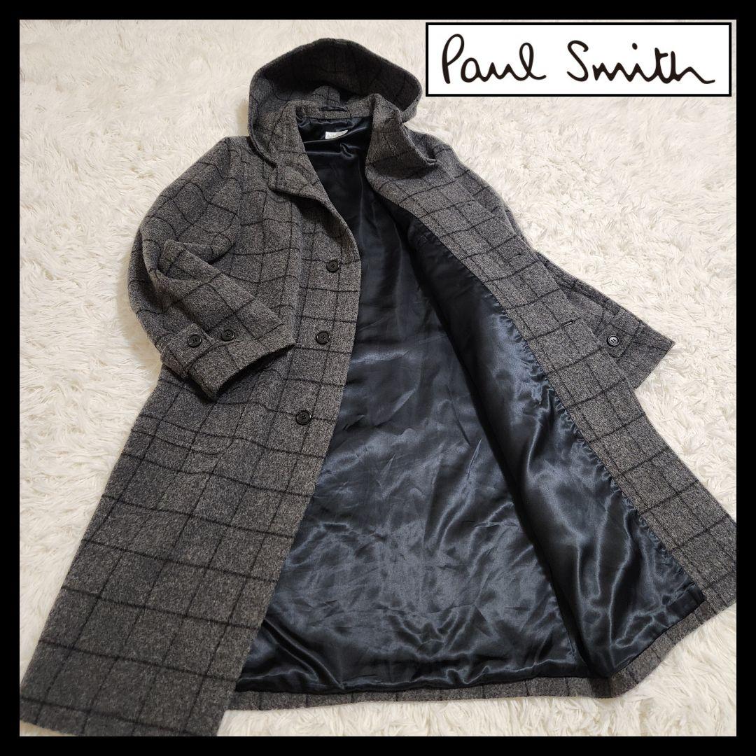 【美品】ポールスミス アルパカ混 チェック 比翼 ロング フーデッドコート