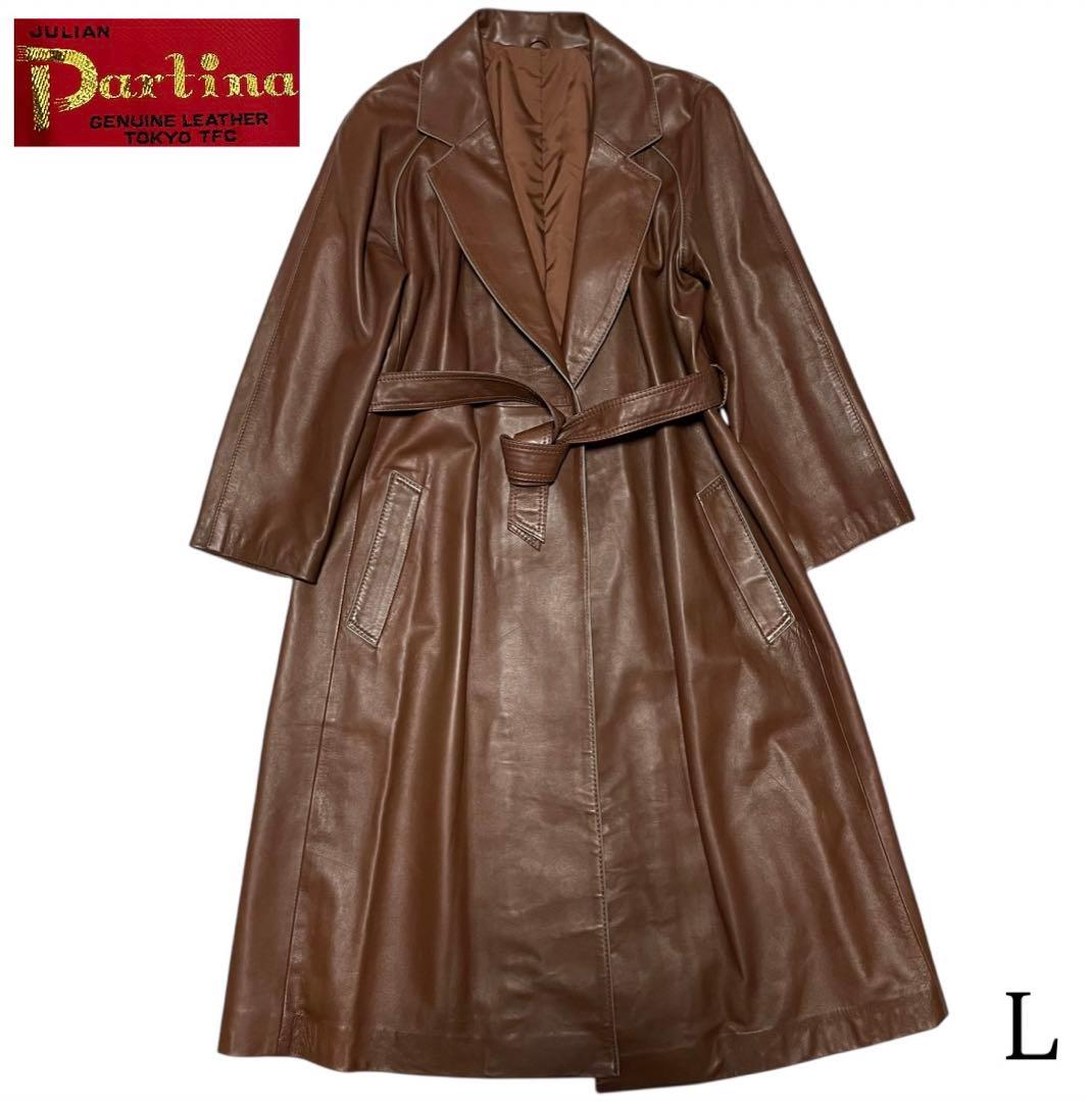 美品【JULIAN】本革 リアルレザーマキシ丈ガウンコート ベルト ブラウン L