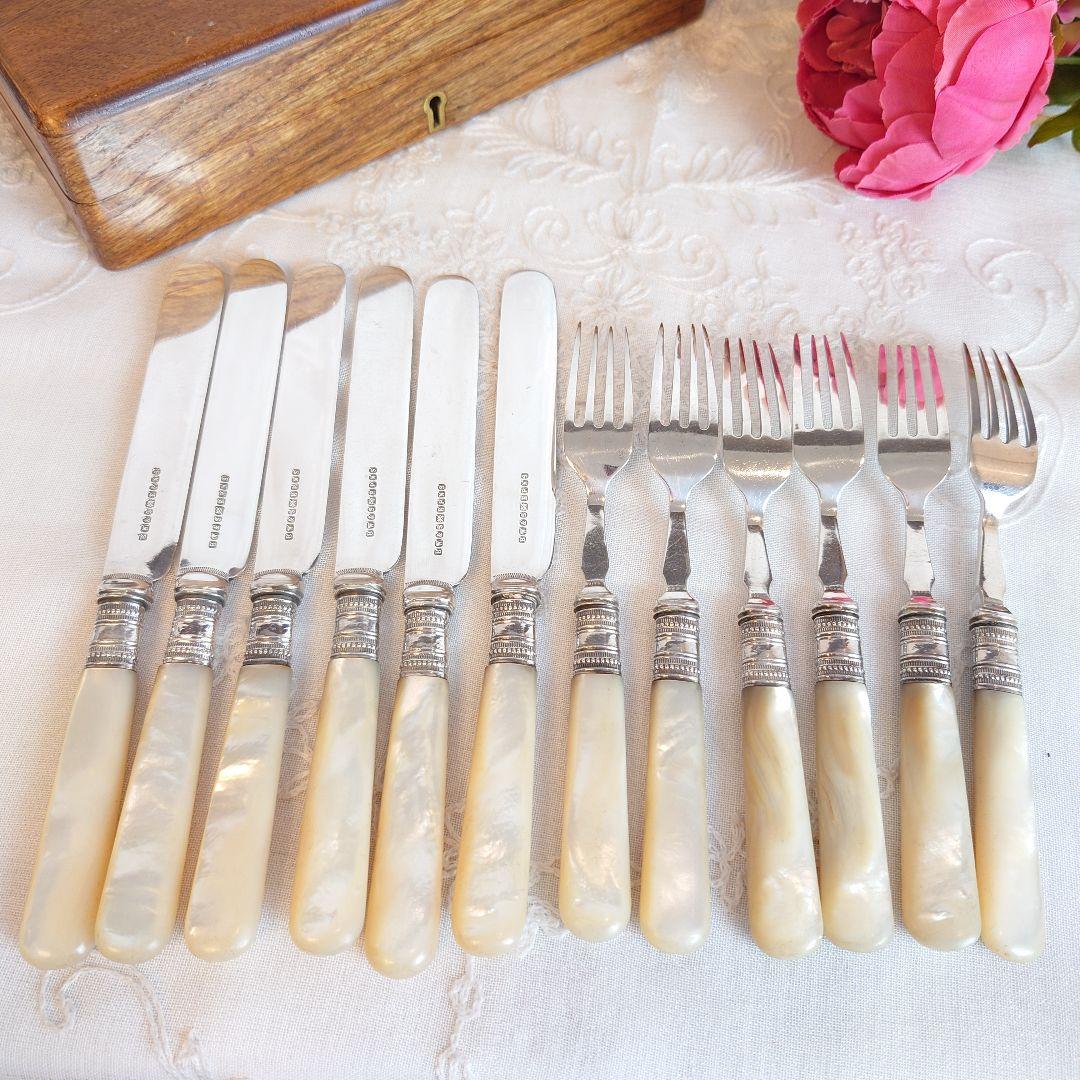 白蝶貝　カトラリーセット　純銀　マザーオブパール　ナイフ　フォーク　アンティーク