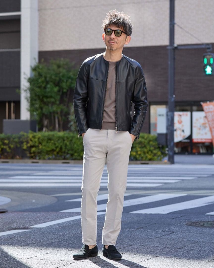 レア！EMMETI ネイビーレザーシングルノーカラーライダース