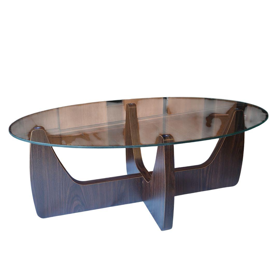 北欧 木製 2way ガラステーブル 楕円形