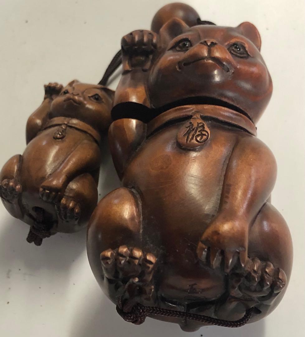 印籠、根付インロ商売繁盛招き猫手作りアンティークオブジェインテリア現品無料発送