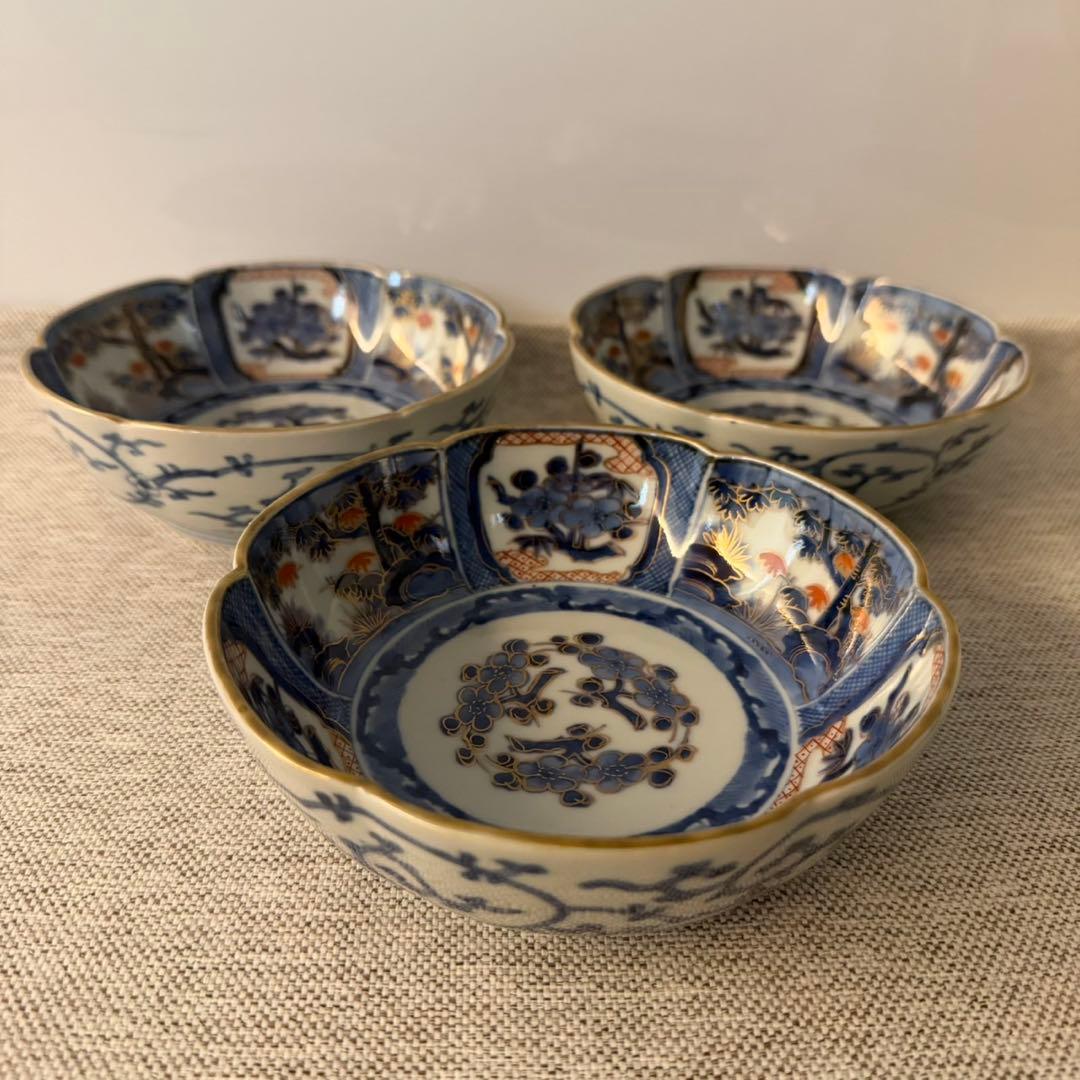 古伊万里　染錦　芙蓉手　松梅　渦福　なます皿　3枚