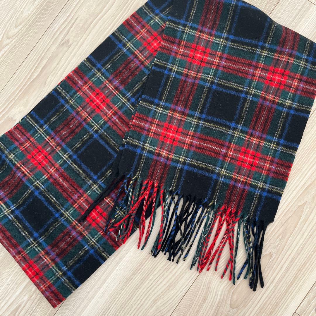 【美品】カシミヤ100%ジョンストンズ　マフラー ブラックスチュワート　小判