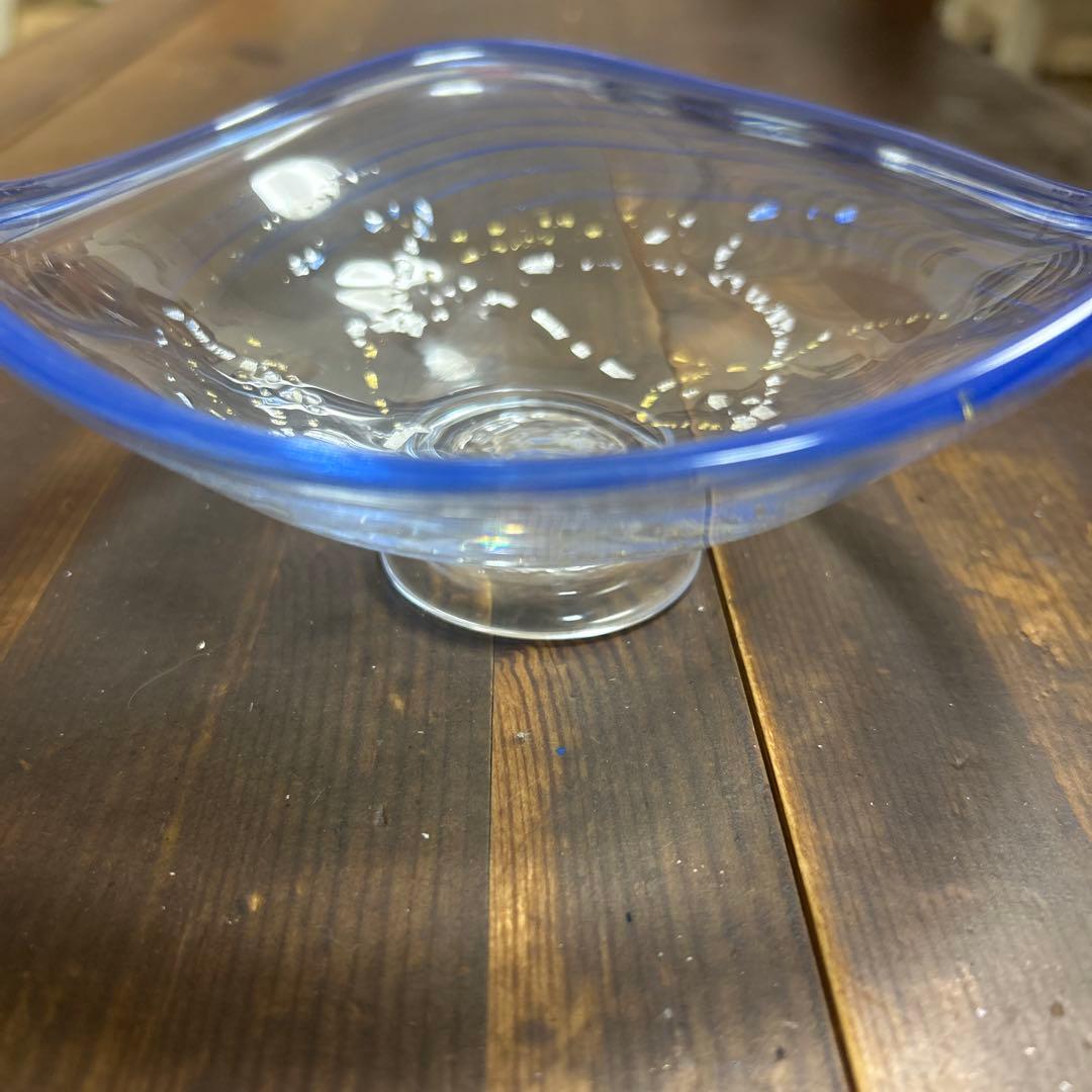 作家　ガラス作家　脚付皿　金彩銀彩　吹きガラス　刻印あり　作家物