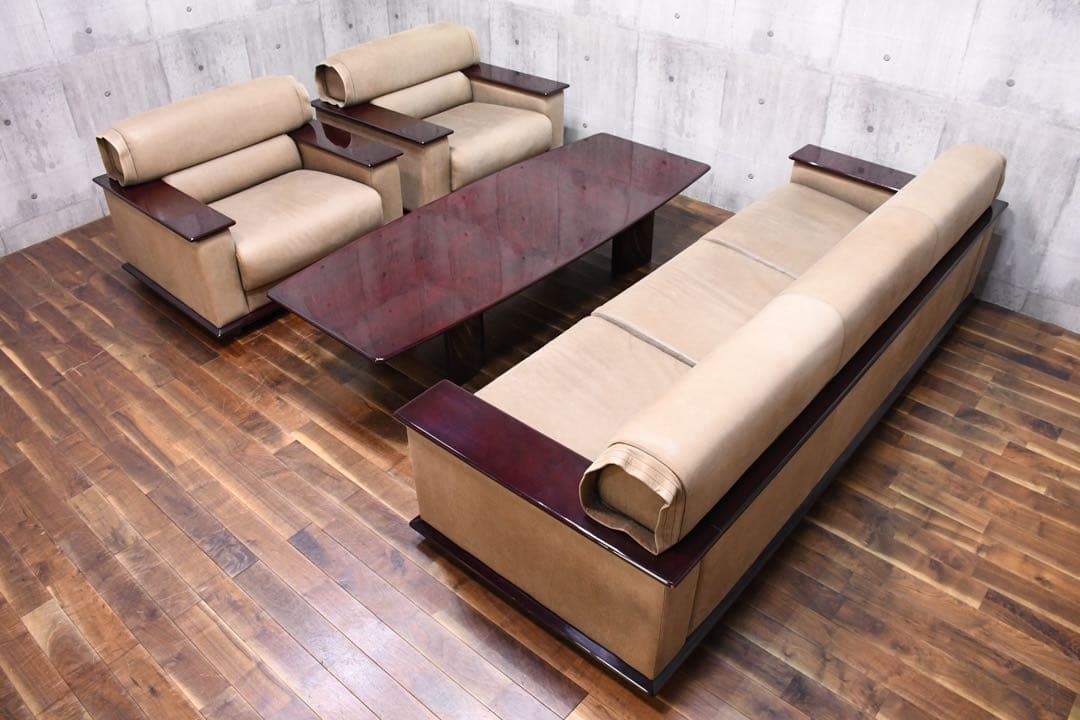 EAC65 北谷家具 KIT FURNITURE 仔山羊革張り 応接4点セット