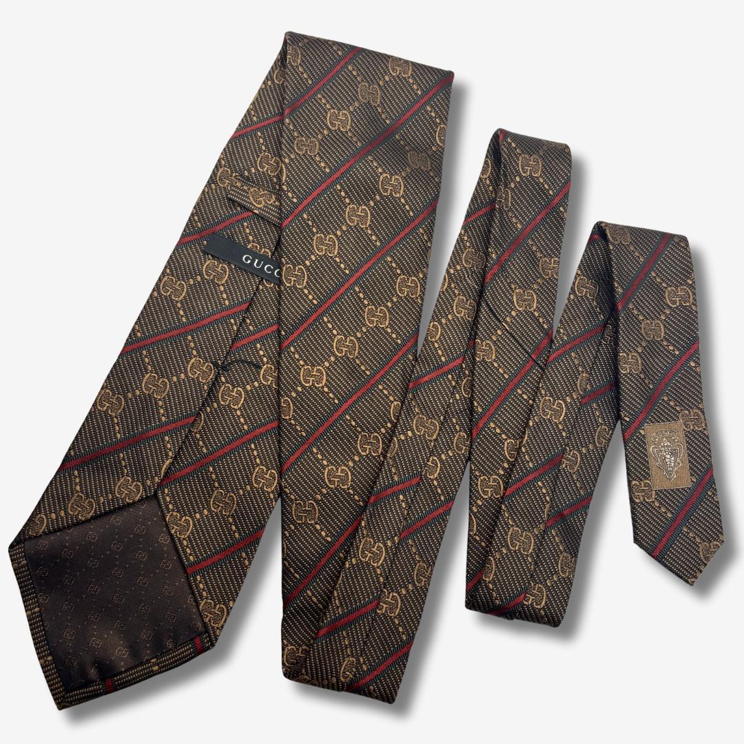 GUCCI シルクネクタイ GGロゴ シェリーライン ストライプ ブラウン