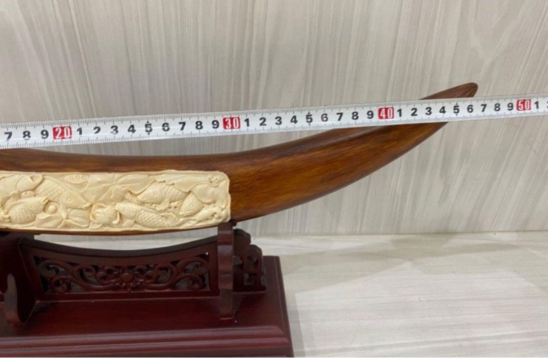 天然マンモス牙美しい手作り彫刻九鯉献瑞 置物