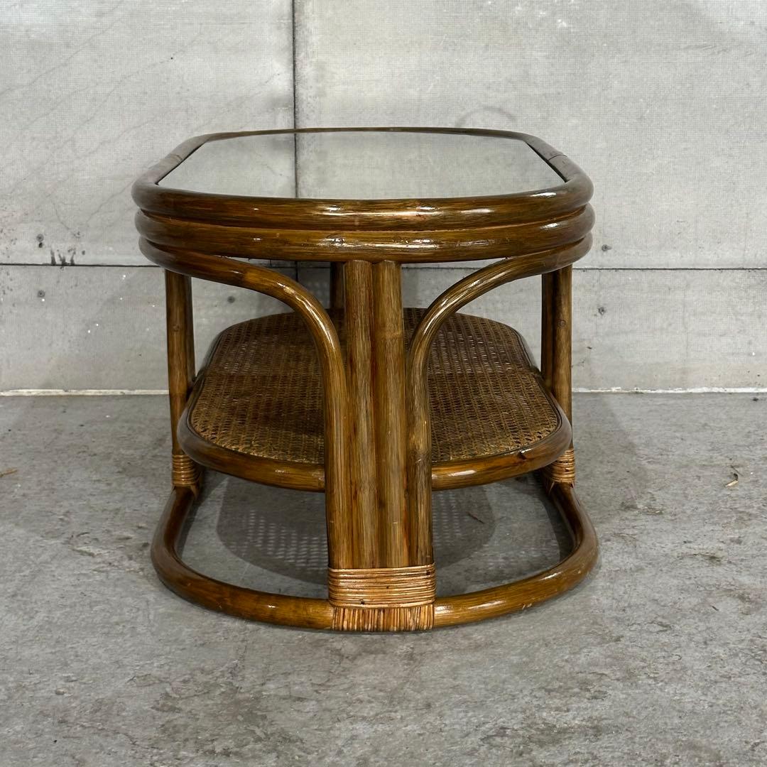 ✿昭和レトロ✿ 藤　オールドラタン　ガラストップテーブル　棚付き