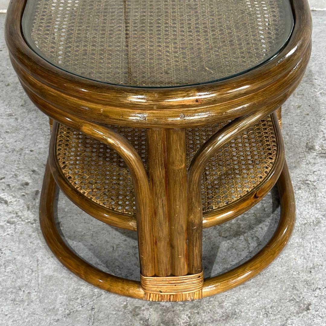 ✿昭和レトロ✿ 藤　オールドラタン　ガラストップテーブル　棚付き