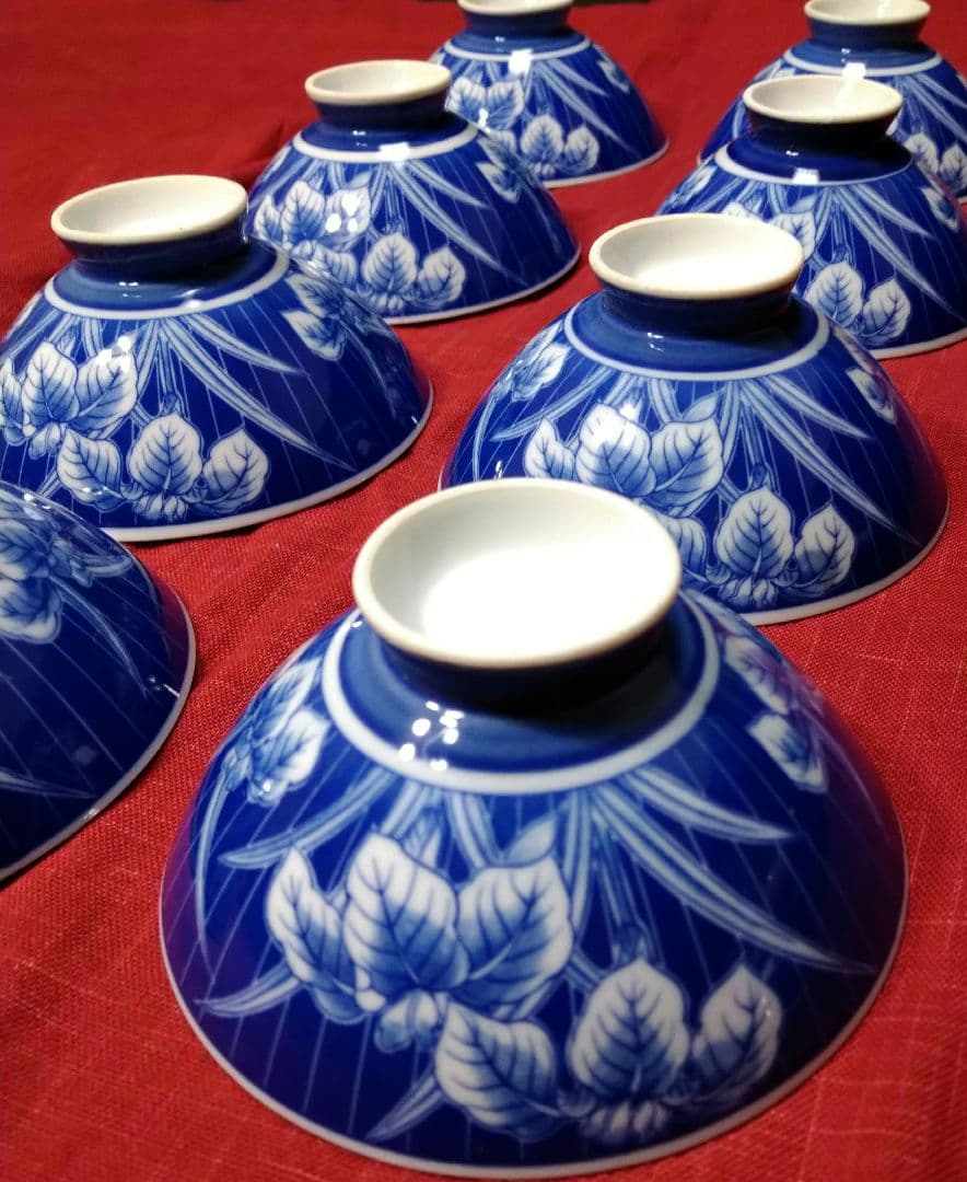 ♥素敵なヴィンテージ品♥高級感漂う鮮やかな有田焼♥染付けコバルトブルー茶碗7皿