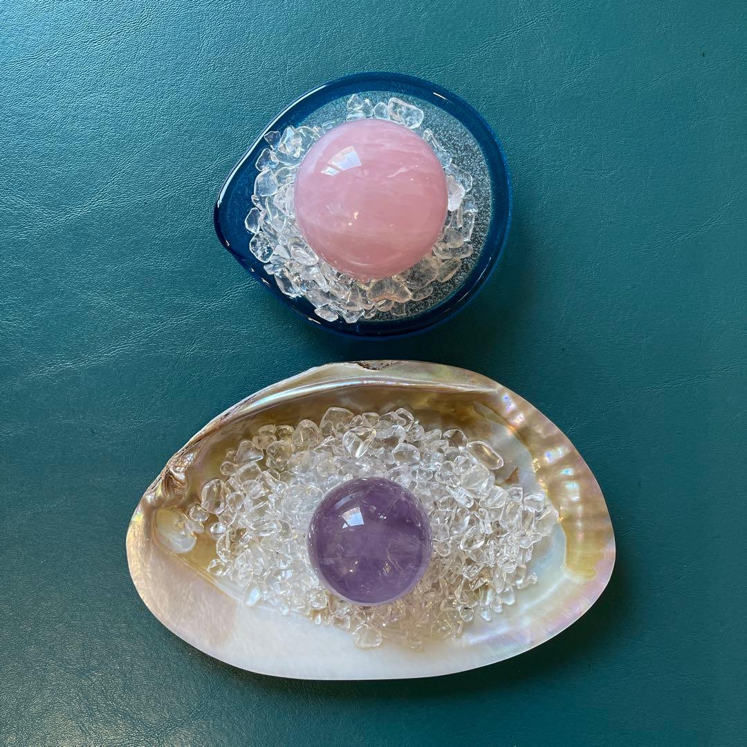 【 ローズクォーツ・アメジスト 】球体2個＋さざれ石・シェルセット