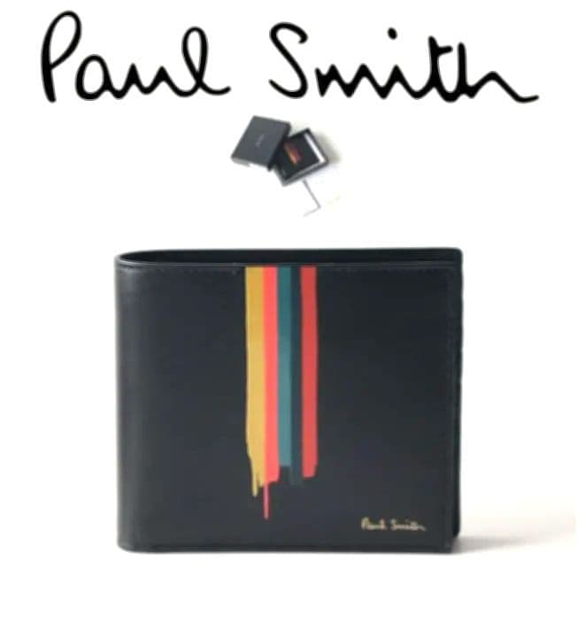 34,100円新品【ポールスミス】伊製 ペインテッドストライプ 二つ折り財布 黒