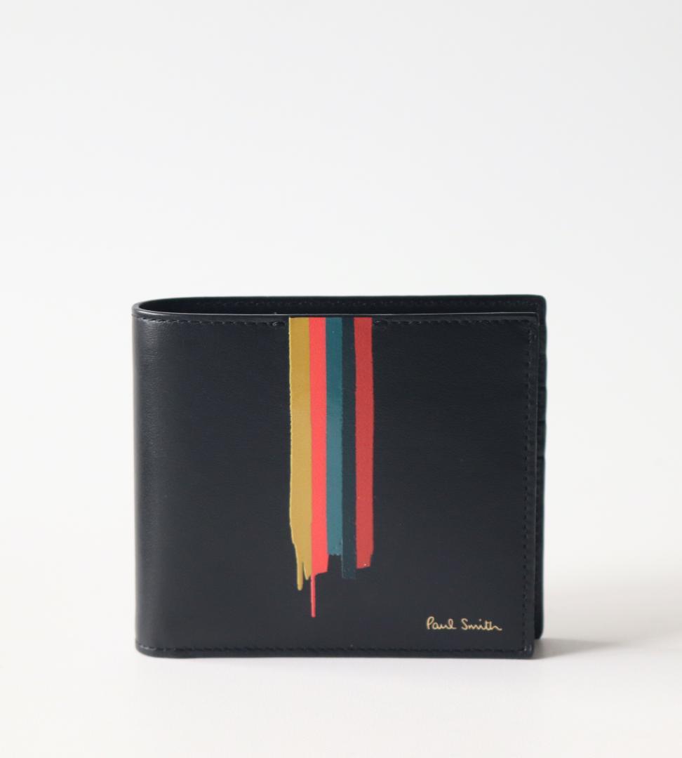 34,100円新品【ポールスミス】伊製 ペインテッドストライプ 二つ折り財布 黒