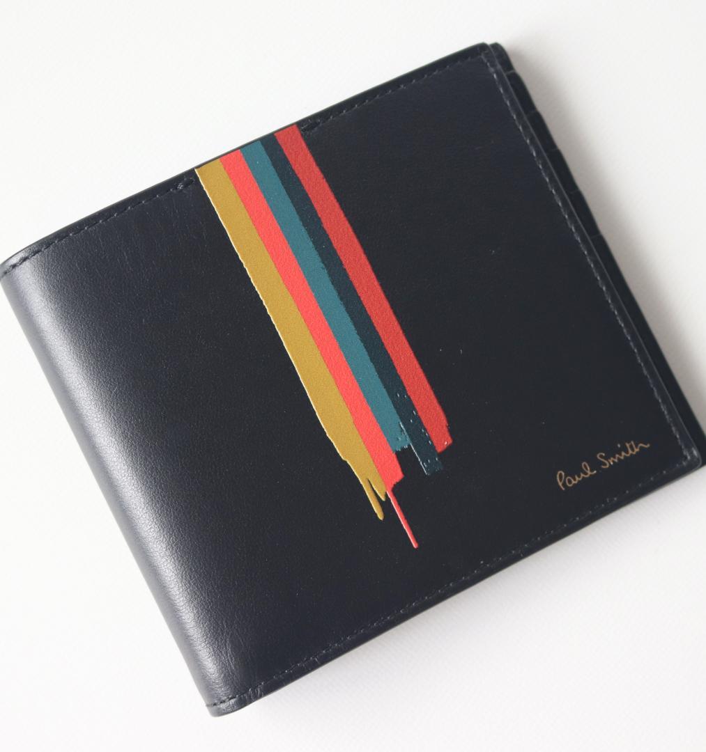 34,100円新品【ポールスミス】伊製 ペインテッドストライプ 二つ折り財布 黒